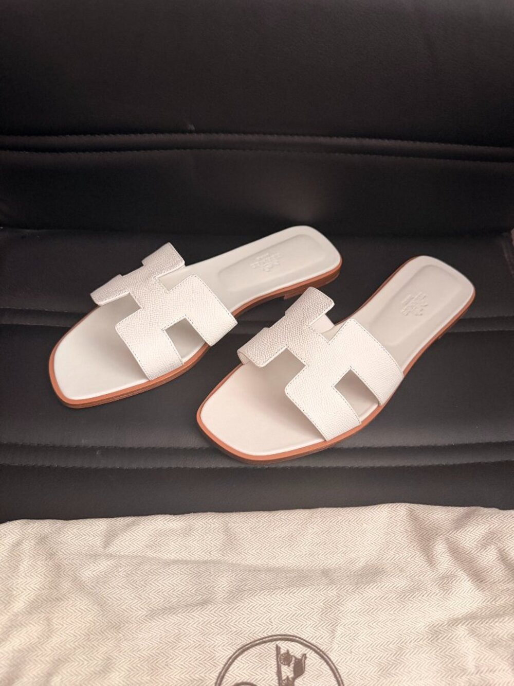 Hermes White Oran Slides 8.5